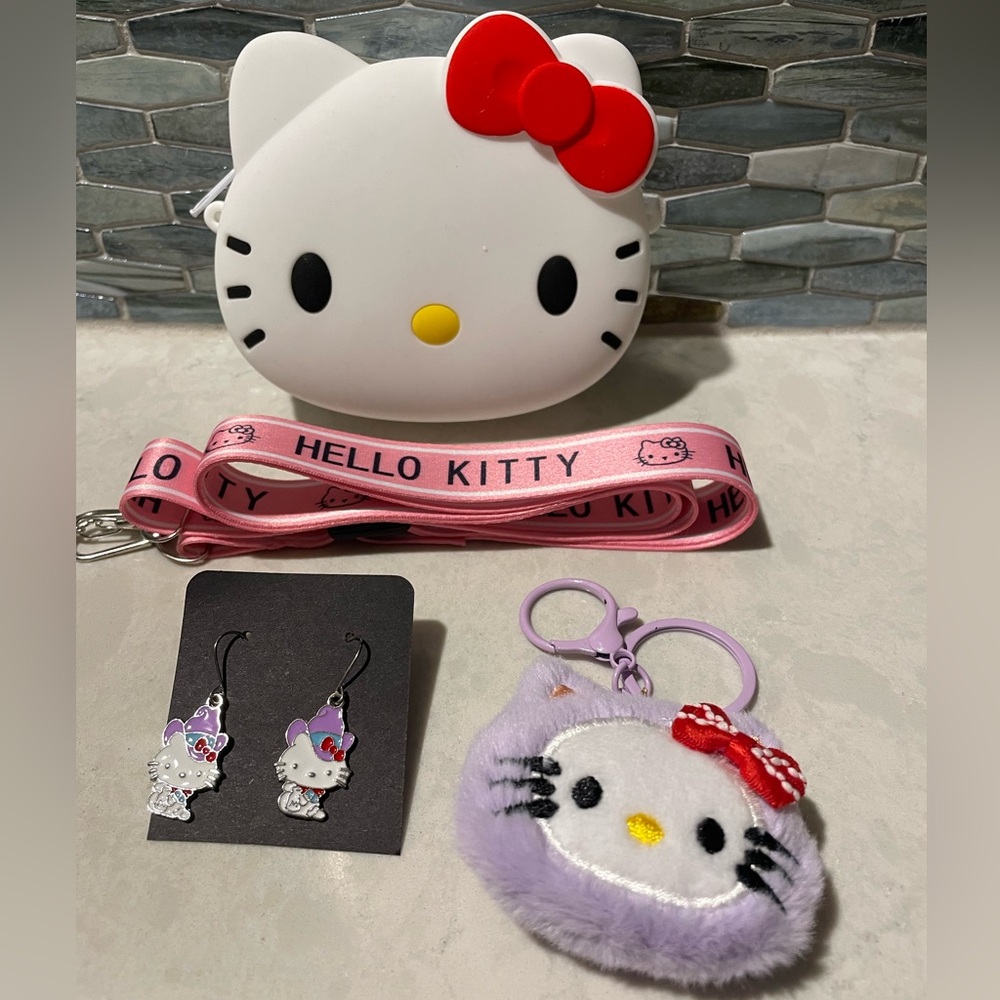 Hello Kitty White and Red Kids Coin Purse, Earrings and Bag Charm Bundle - Picture 1 of 6